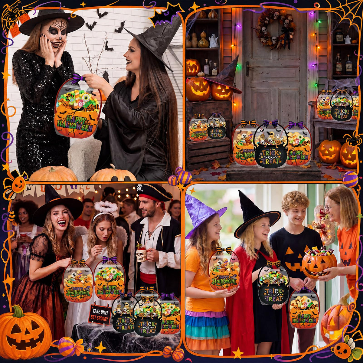 Halloween Goodie Bags Plastic Candy Bag Trick or Treat Bags with Cauldron Skeleton black Cat Skull Pumpkin Design