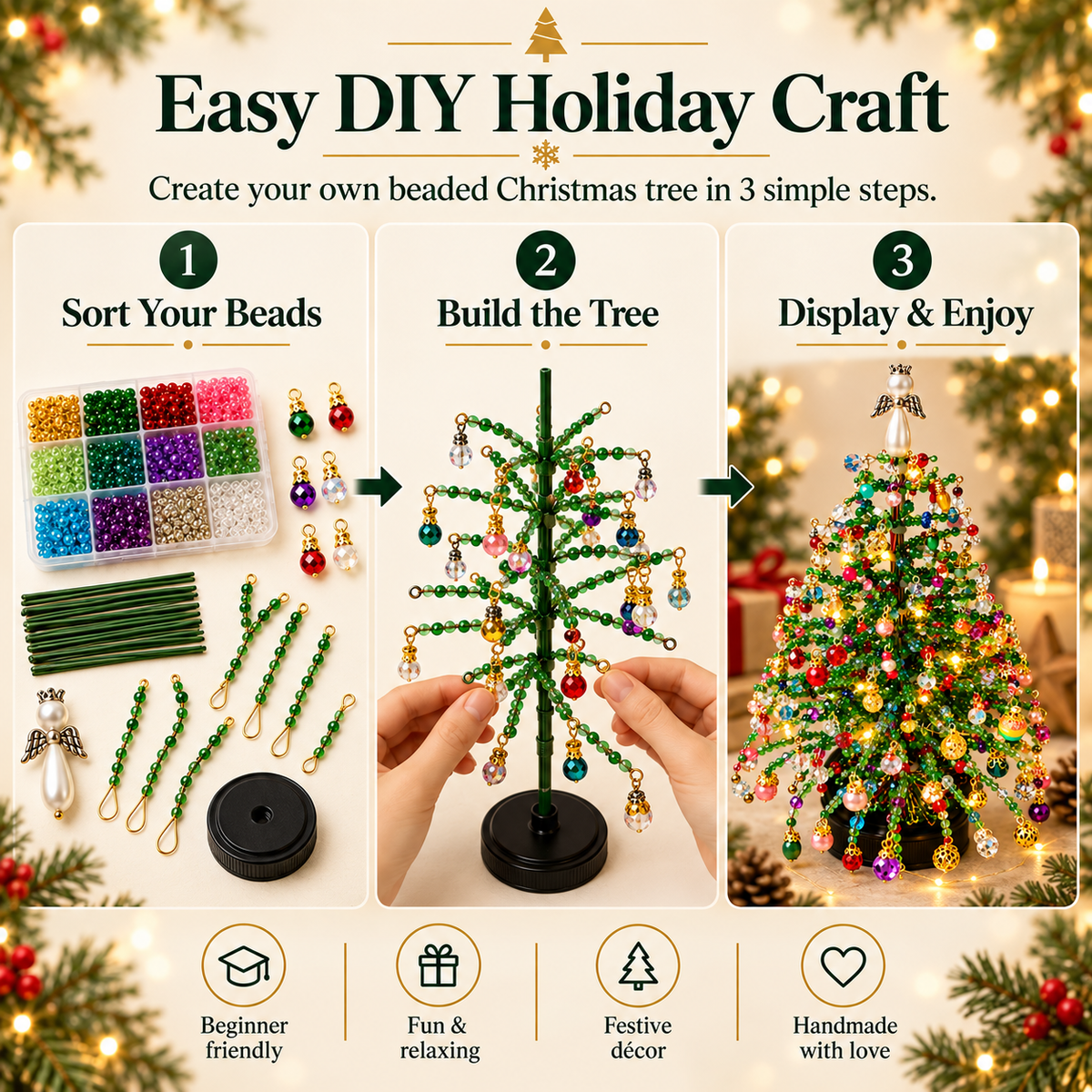 ⏰Limited-Time 50% Off – Family DIY Beaded Christmas Tree Kit with Warm LED Lights