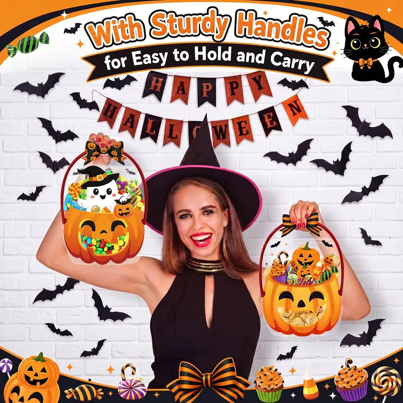 Halloween Goodie Bags Plastic Candy Bag Trick or Treat Bags with Cauldron Skeleton black Cat Skull Pumpkin Design