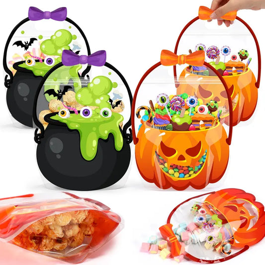 Halloween Goodie Bags Plastic Candy Bag Trick or Treat Bags with Cauldron Skeleton black Cat Skull Pumpkin Design