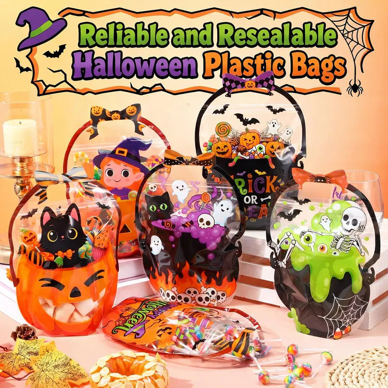 Halloween Goodie Bags Plastic Candy Bag Trick or Treat Bags with Cauldron Skeleton black Cat Skull Pumpkin Design