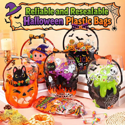Halloween Goodie Bags Plastic Candy Bag Trick or Treat Bags with Cauldron Skeleton black Cat Skull Pumpkin Design