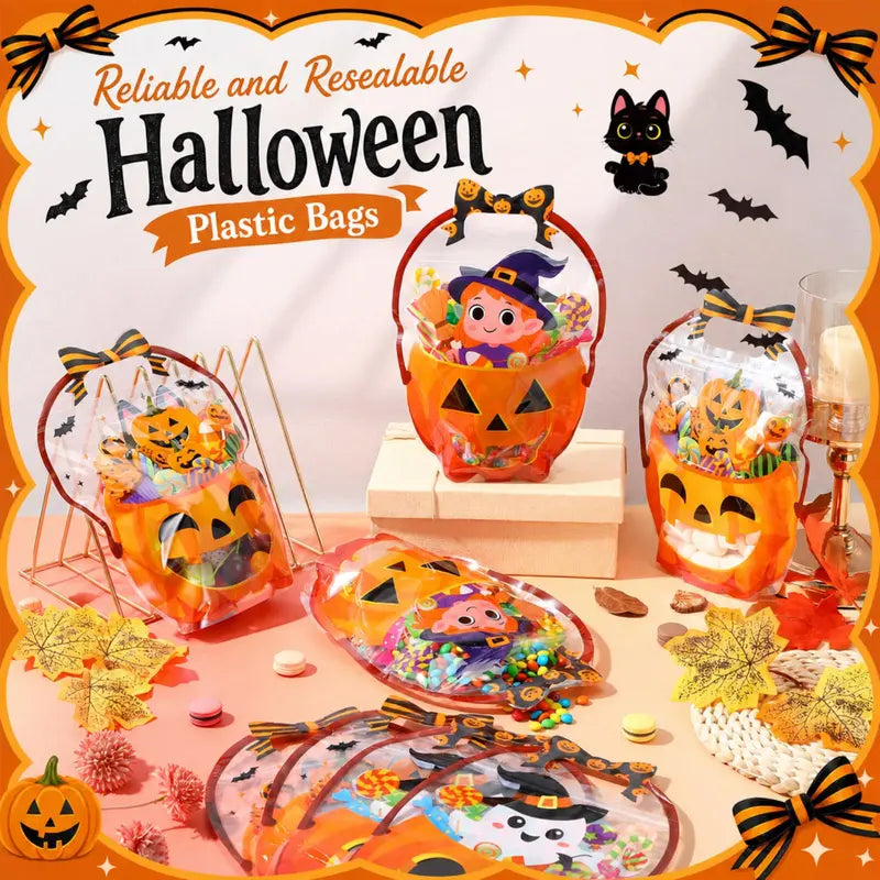 Halloween Goodie Bags Plastic Candy Bag Trick or Treat Bags with Cauldron Skeleton black Cat Skull Pumpkin Design