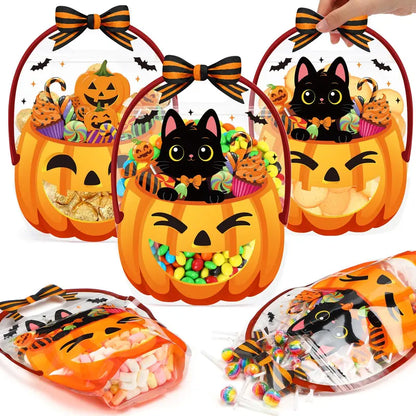 Halloween Goodie Bags Plastic Candy Bag Trick or Treat Bags with Cauldron Skeleton black Cat Skull Pumpkin Design
