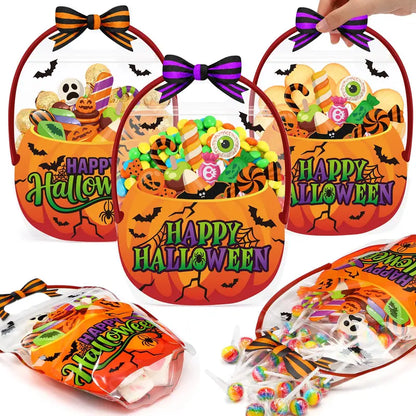 Halloween Goodie Bags Plastic Candy Bag Trick or Treat Bags with Cauldron Skeleton black Cat Skull Pumpkin Design