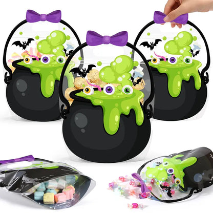 Halloween Goodie Bags Plastic Candy Bag Trick or Treat Bags with Cauldron Skeleton black Cat Skull Pumpkin Design