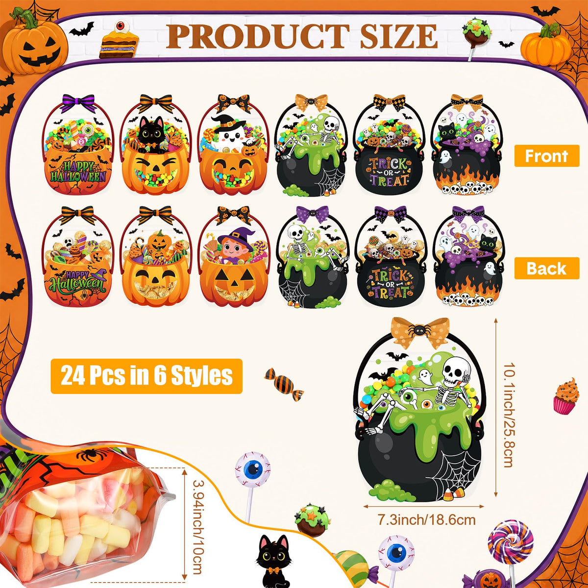 Halloween Goodie Bags Plastic Candy Bag Trick or Treat Bags with Cauldron Skeleton black Cat Skull Pumpkin Design