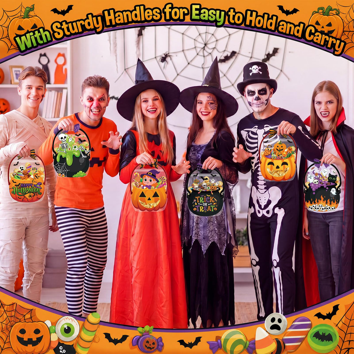 Halloween Goodie Bags Plastic Candy Bag Trick or Treat Bags with Cauldron Skeleton black Cat Skull Pumpkin Design