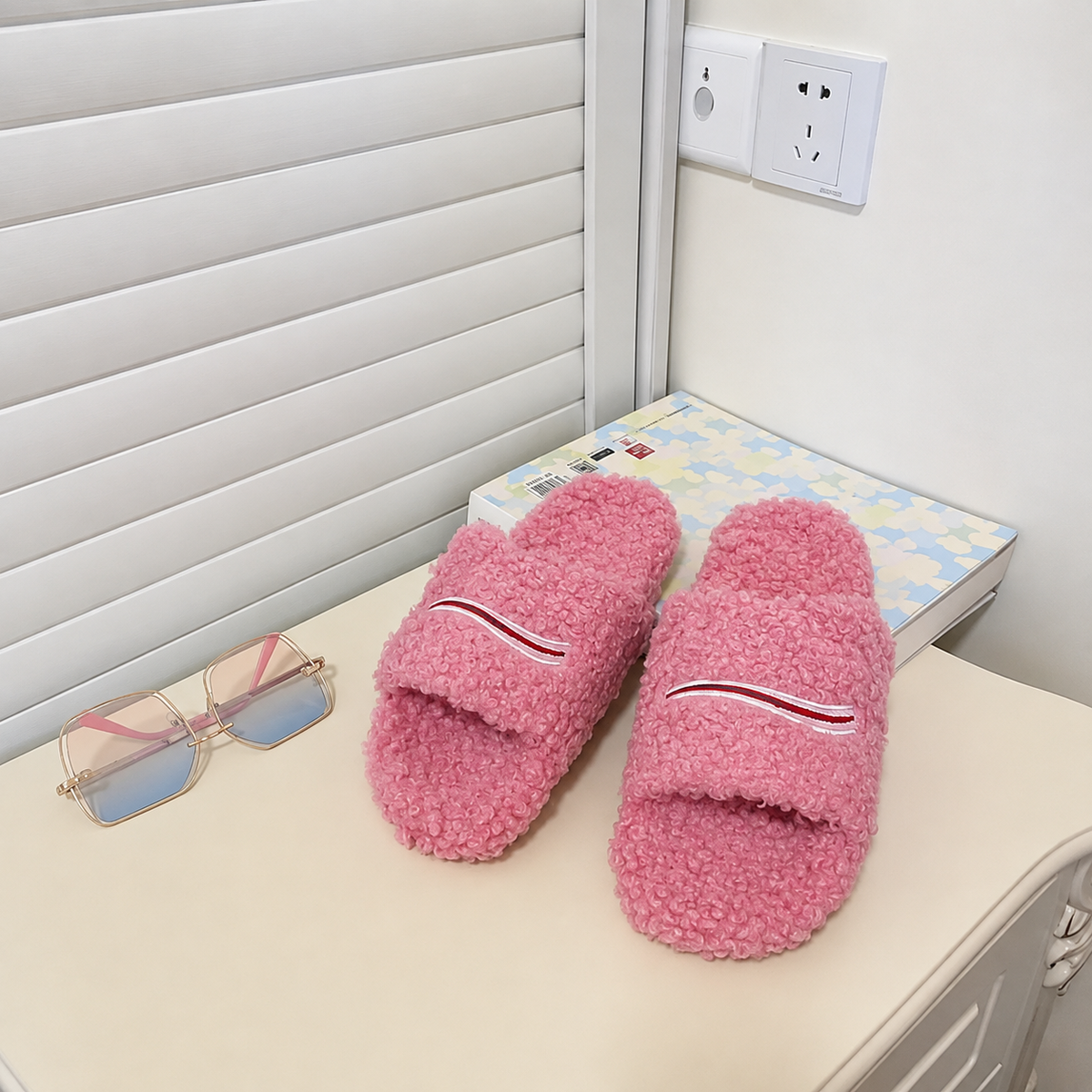 Cozy Teddy Plush Slide Slippers - red