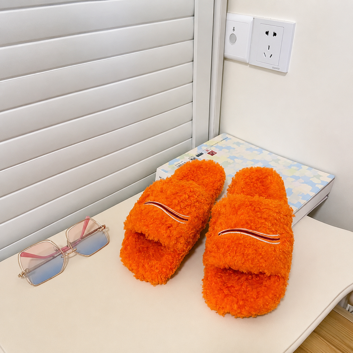 Cozy Teddy Plush Slide Slippers - orang