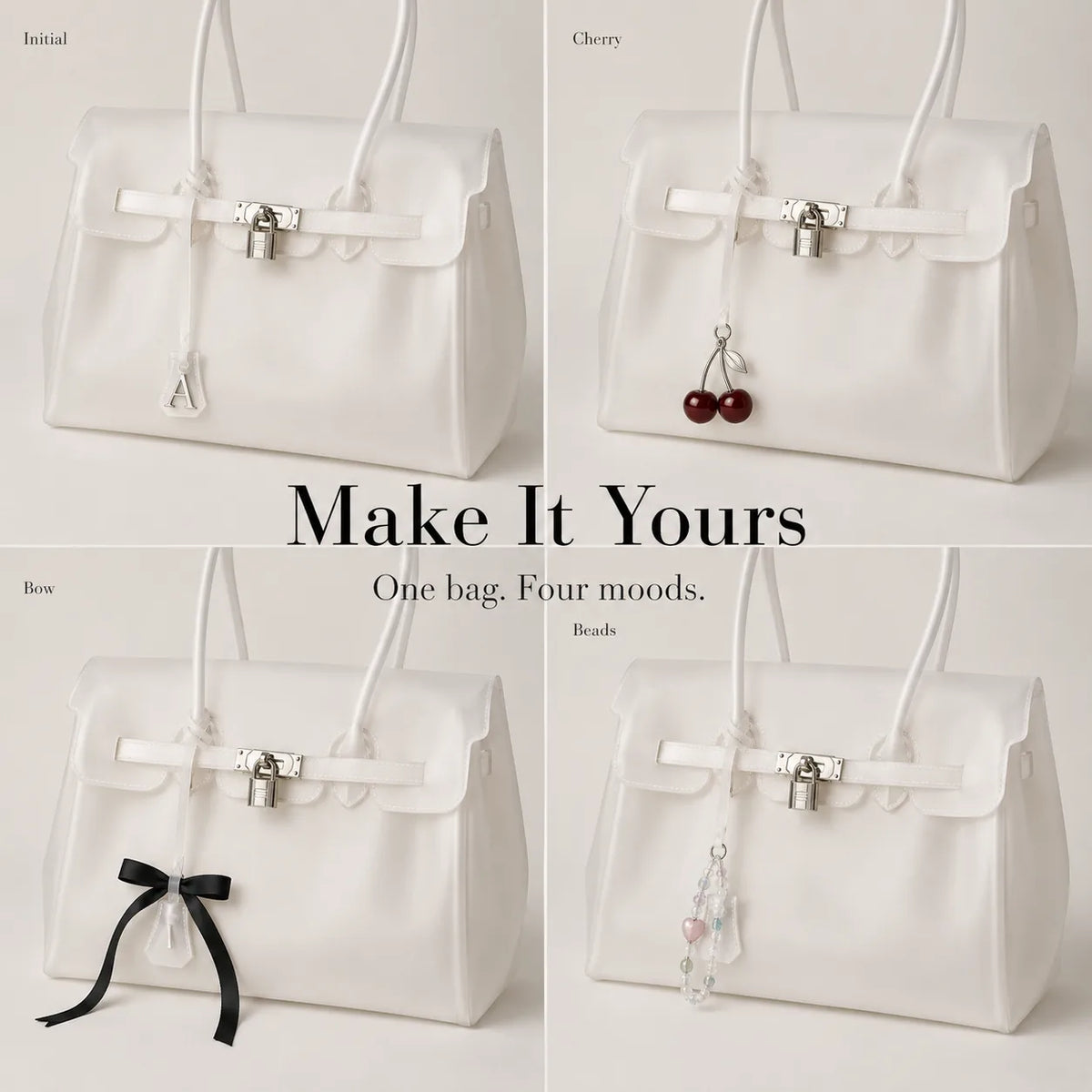 White Jelly Tote styled with four charms
